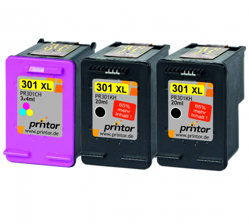 Triplepack kompatibel zu HP 301 XL 2x schwarz 1x color